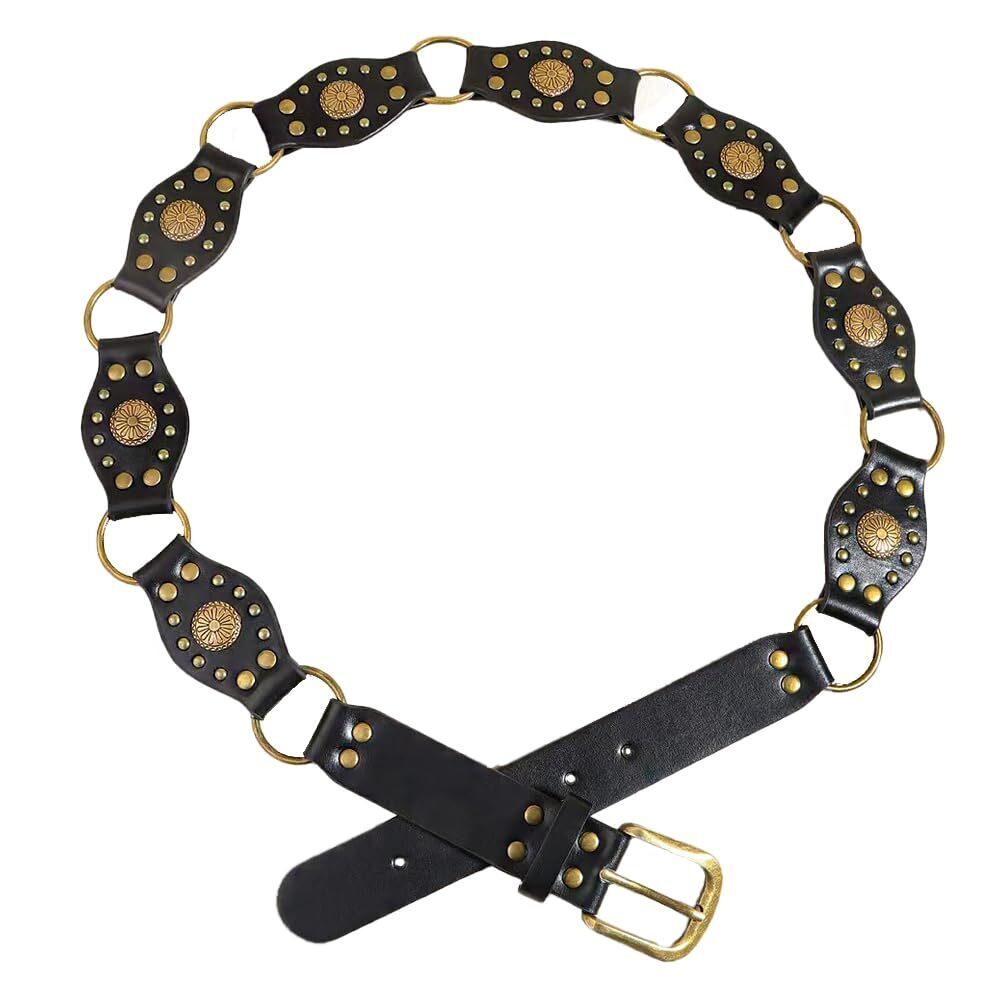 5549 Black Western Leather Belt Boho Disc Wide Brown Circle Country Vintage